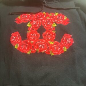 Black Sweatshirt Hoodie with Red Rose Motif
